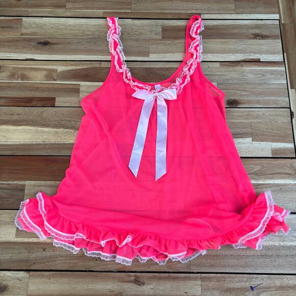Victoria’s Secret Sheer Pink Babydoll Lingerie Top | S | Y2K Ruffle Ribbon Bow - Picture 5 of 6